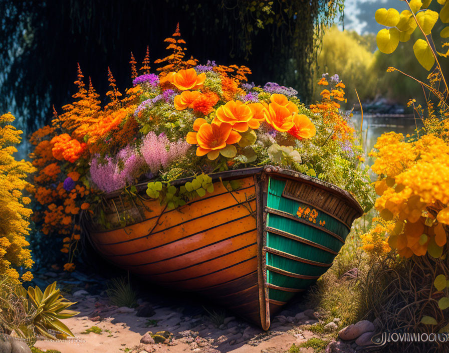 Wooden boat filled with vibrant flowers in lush garden