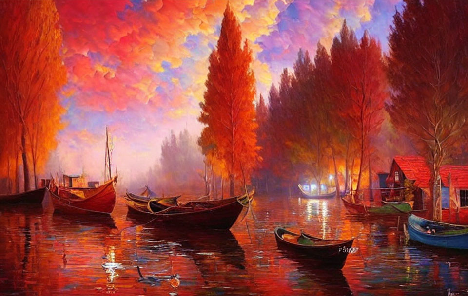 Colorful painting of boats on calm water with autumn trees and warm glow