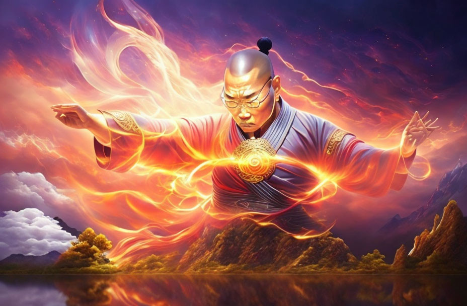 Monk-like figure engulfed in mystical flames against dramatic clouds and calm waters