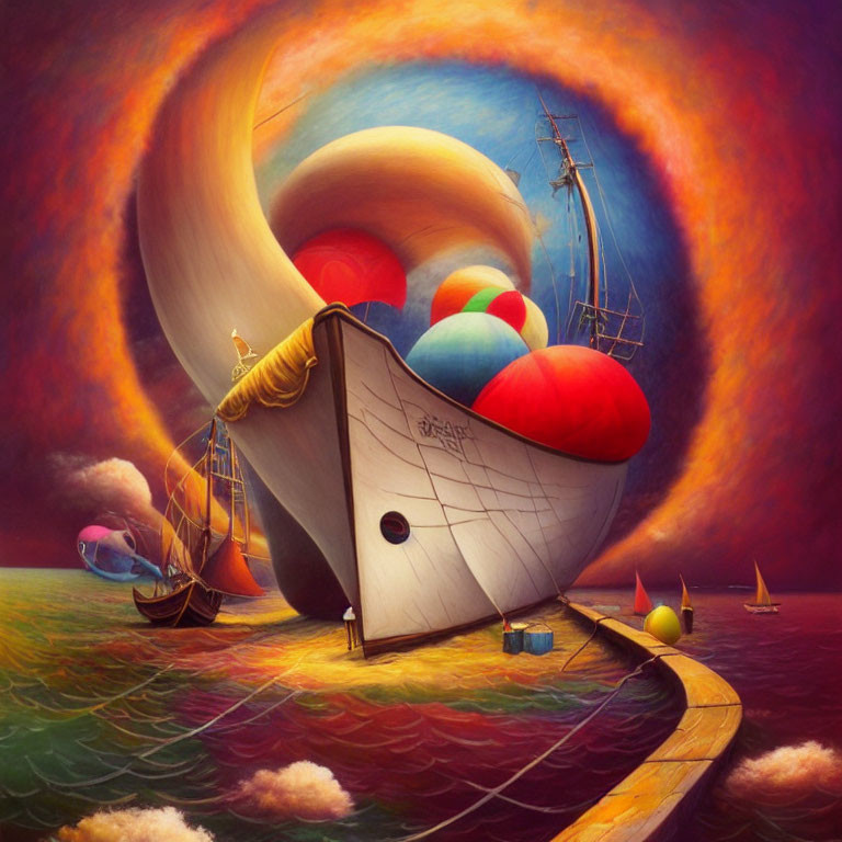 Colorful Surreal Ship Painting with Balloons Floating in Vibrant Sky