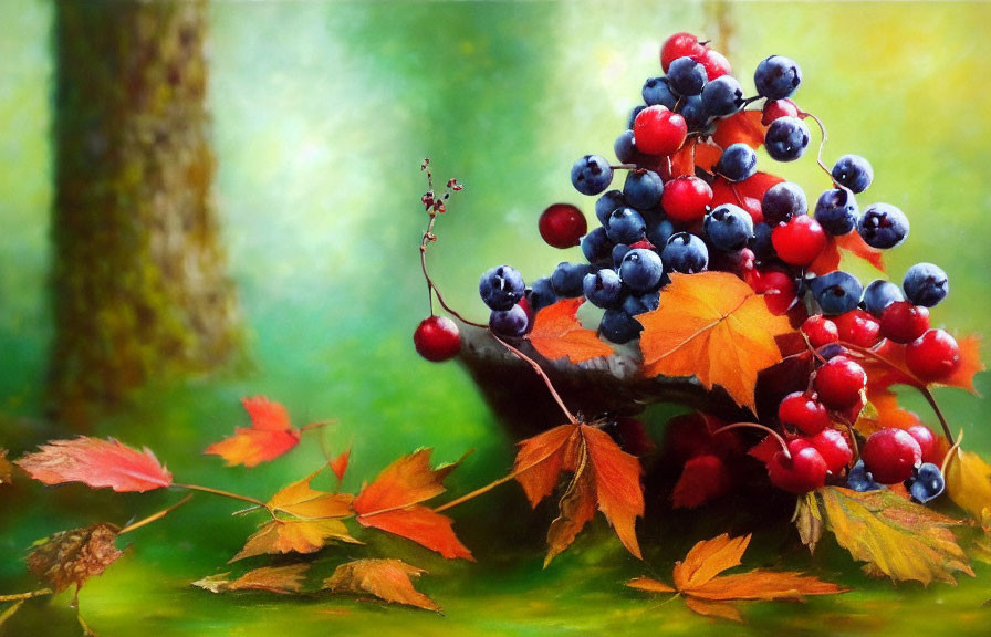 Colorful autumn leaves and berries painting against forest backdrop