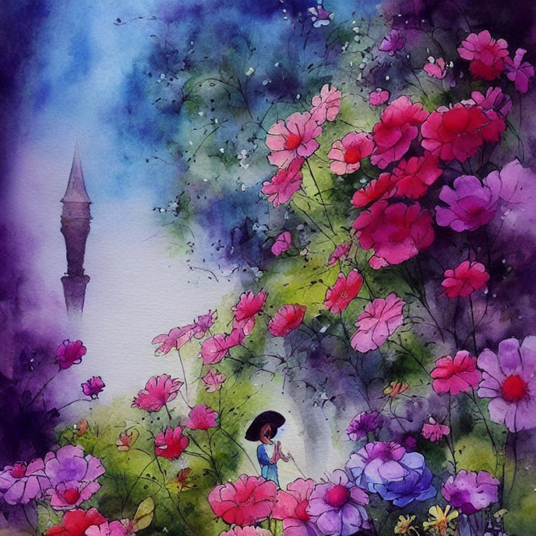 Person with Umbrella in Watercolor Among Pink and Purple Flowers Under Starry Sky with Tower Silhouette