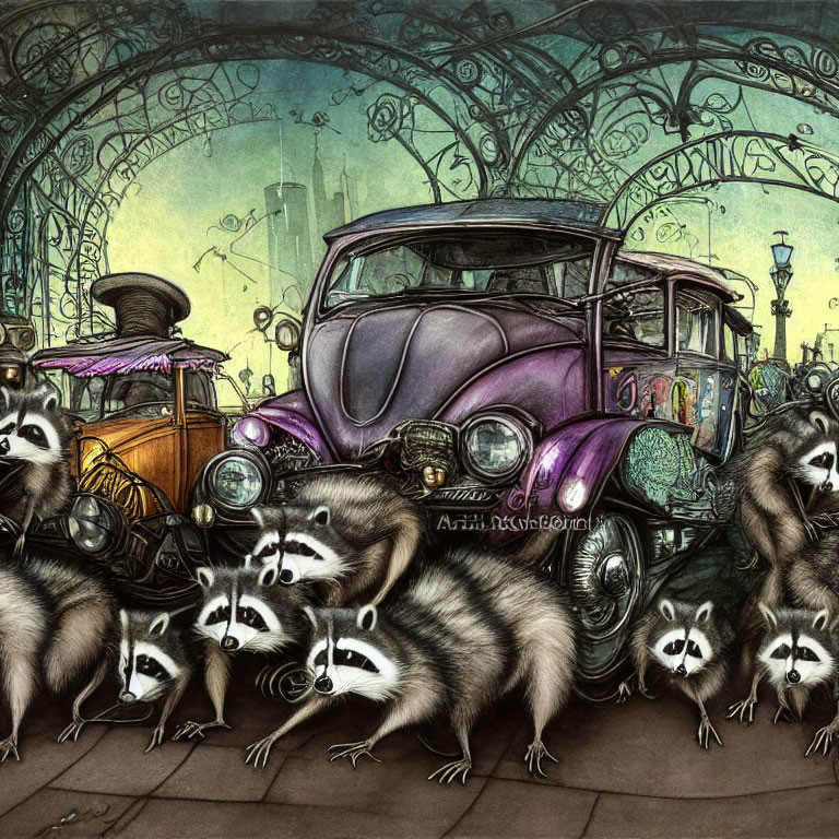 Group of raccoons around vintage cars in ornate cityscape.