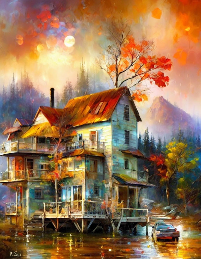 Autumnal multi-story house on stilts near river with boat and foggy hills