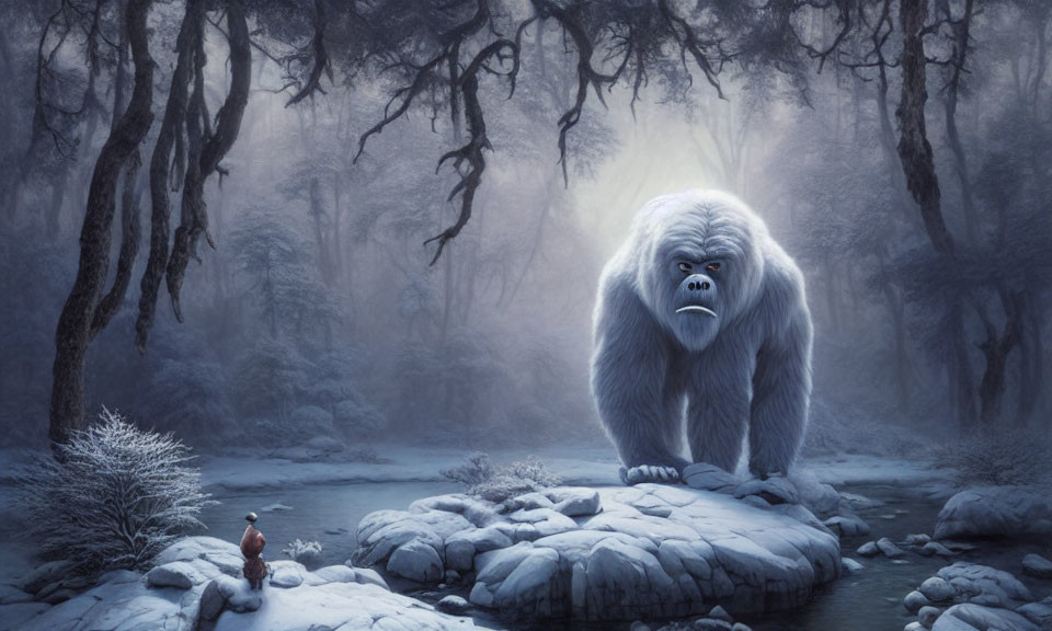 Mystical white gorilla and red-capped figure in snowy forest