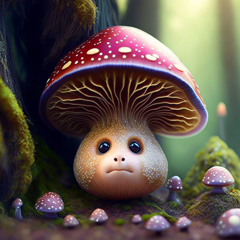 Whimsical mushroom with cute face in magical forest