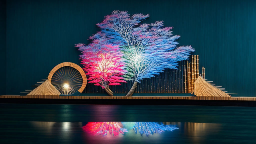 Vibrant illuminated tree with reflection and wooden structures on shiny surface