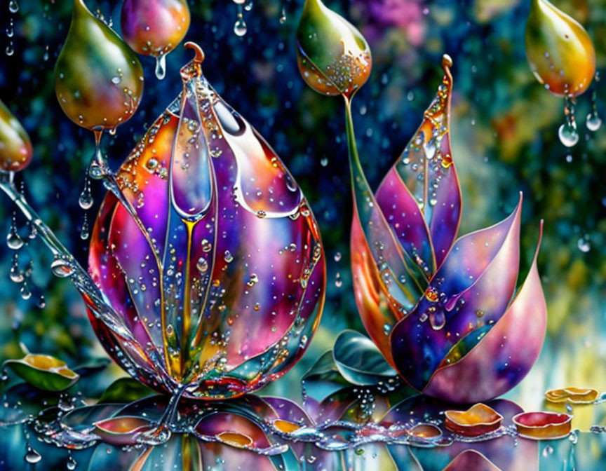 Colorful digital art: droplet-covered leaves/petals on bokeh background