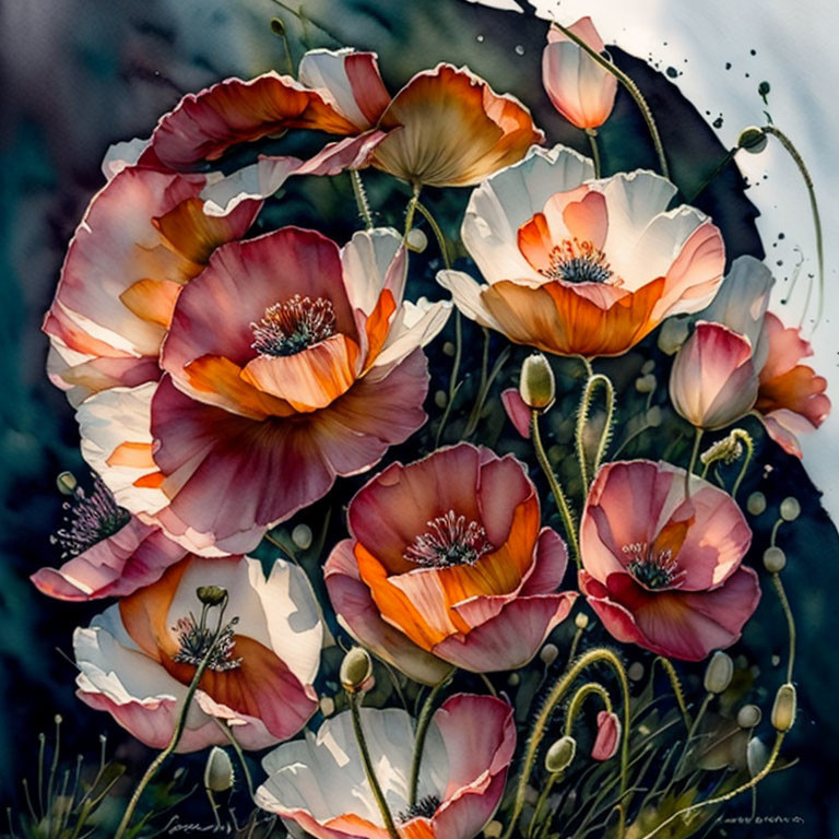 Colorful painting of blooming poppies in white, orange, and crimson hues with dark green leaves