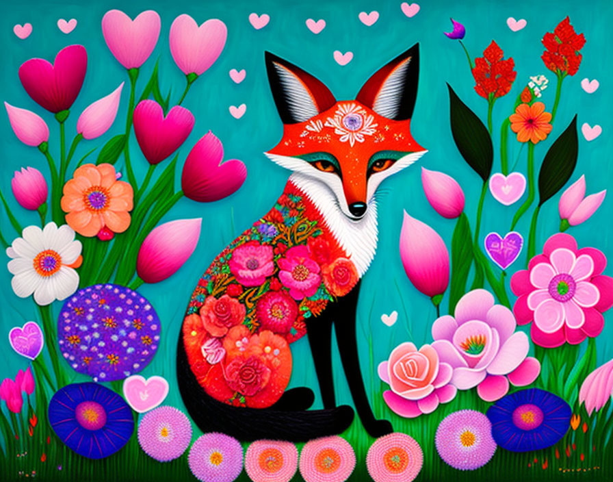 Colorful Fox Surrounded by Flowers and Hearts on Teal Background