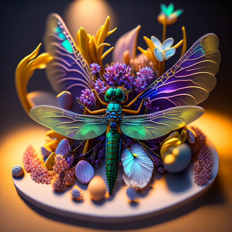 Colorful Dragonfly Amidst Exotic Flowers and Orbs