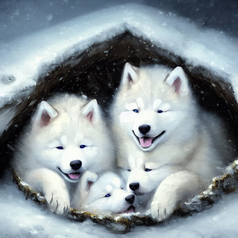 Three White Dogs Cuddling in Snowy Den