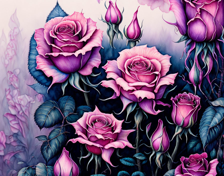 Vivid Purple Roses and Green Leaves on Mystical Floral Background