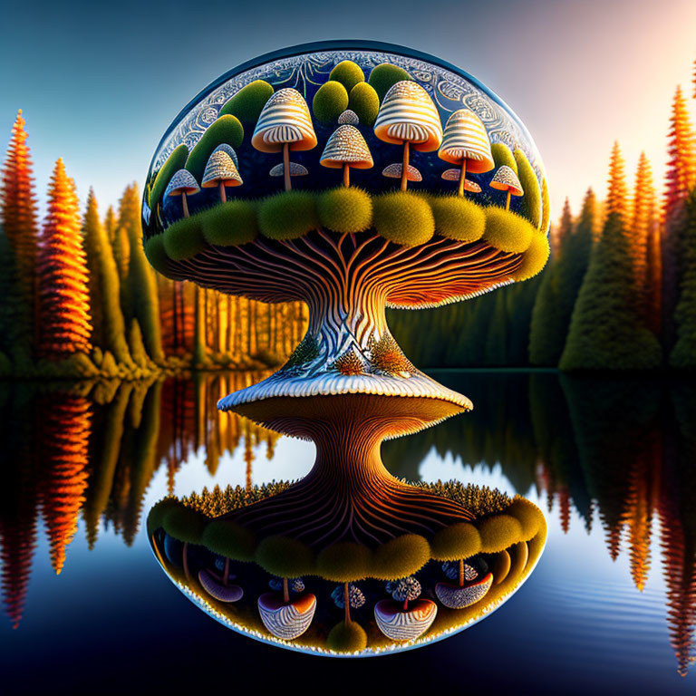 Ornate mushroom-shaped tree reflecting in water with orange trees and blue sky