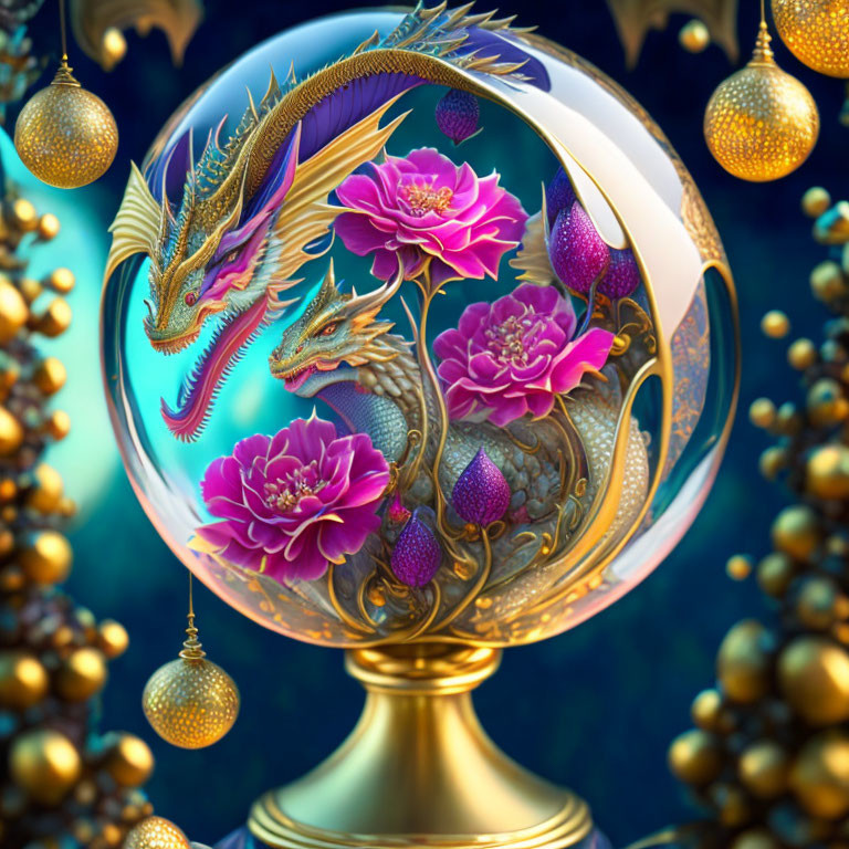 Twin dragons and vibrant flowers in clear sphere on ornate stand