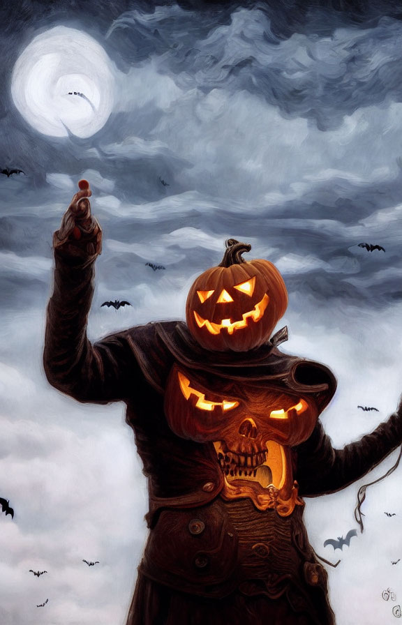 Spooky pumpkin-headed figure with bats under full moon