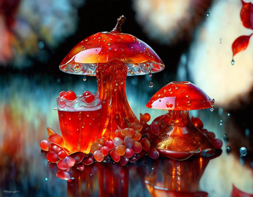 Vibrant glass-like mushrooms with water droplets on blurred red leaf background