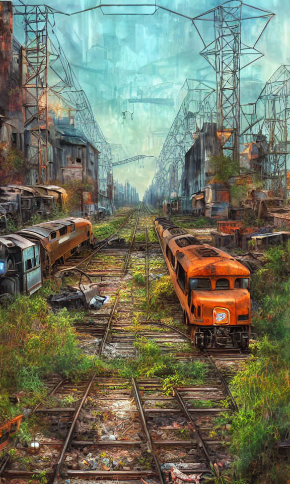 Abandoned train yard with rusting locomotives and derelict carriages