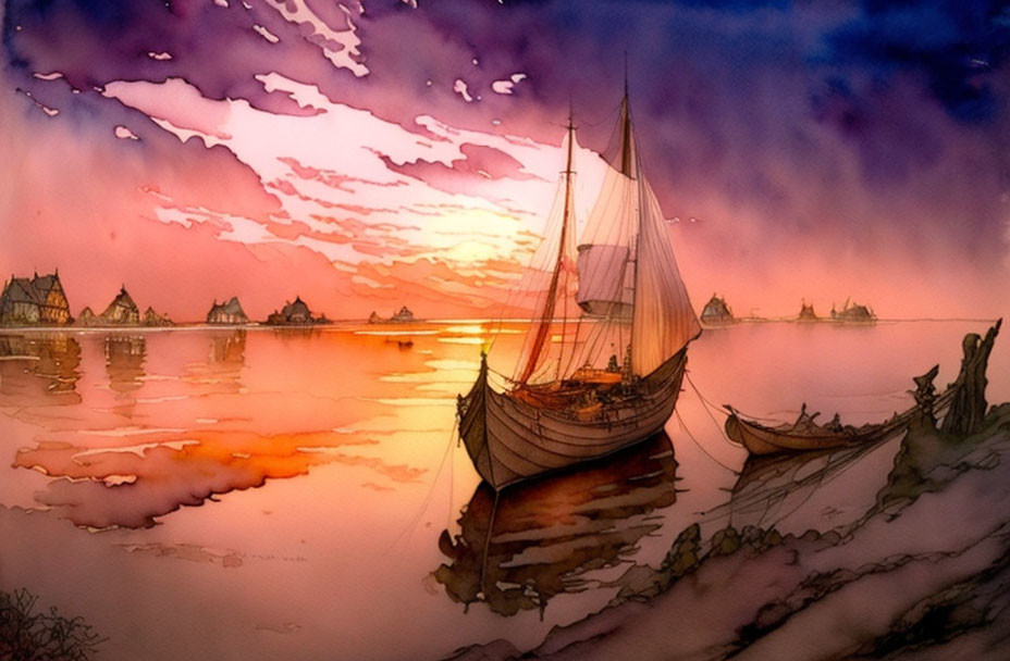 Viking ship moored in serene watercolor sunset scene