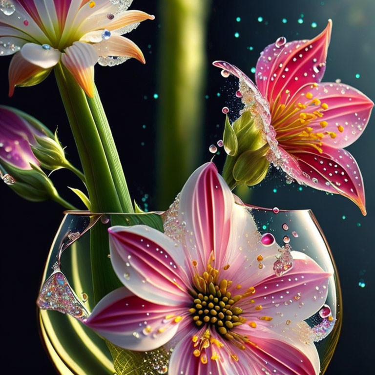 Vibrant pink flowers with dewdrops on dark background, some petals in water