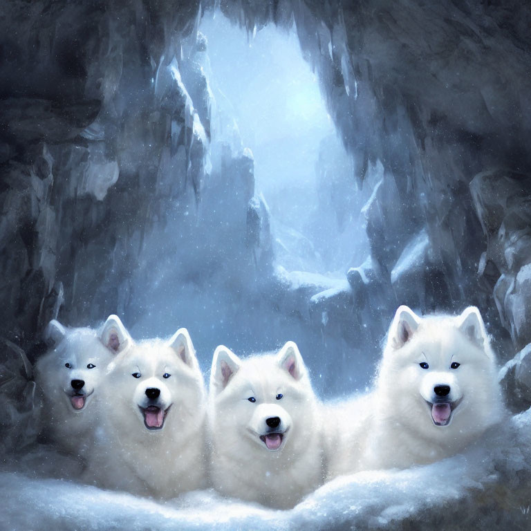 Four Samoyed Dogs Resting in Snow at Icy Cave Entrance