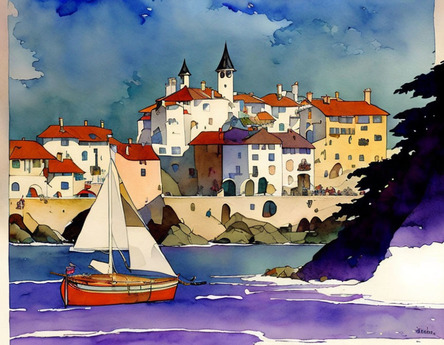 Vibrant Watercolor Painting of Coastal Village & Sailboat