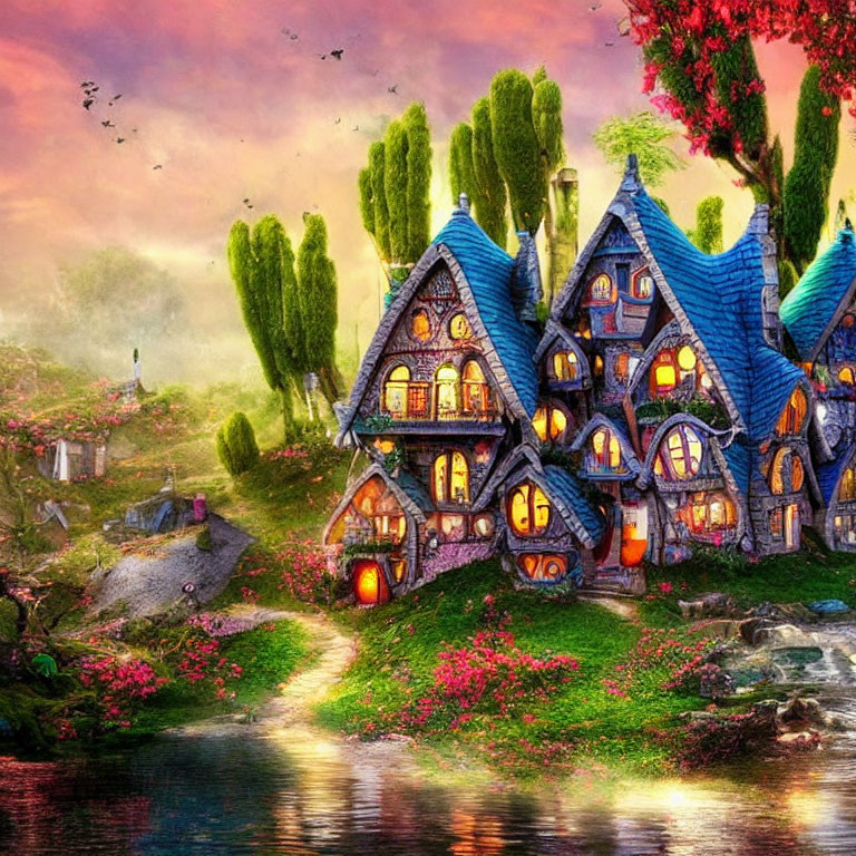 Colorful Landscape with Storybook Cottages and Nature Elements