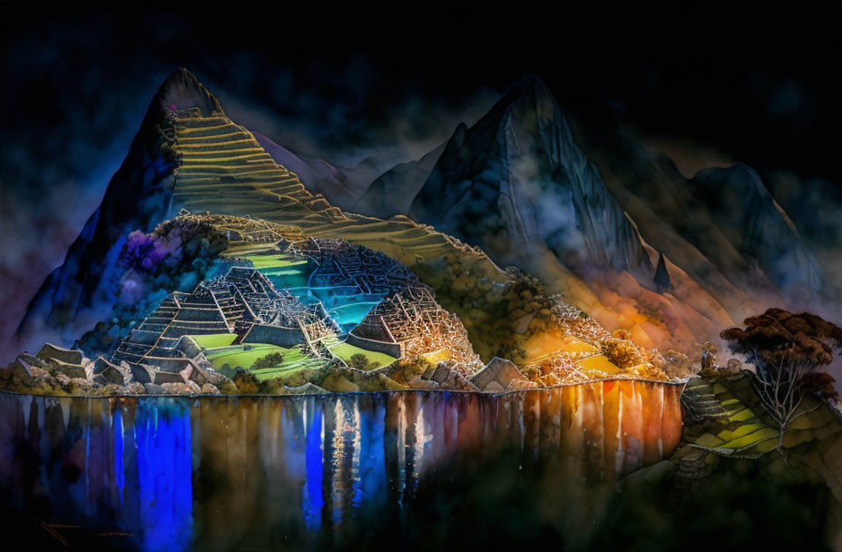 Vibrant illustration of mountainous terrain with terraced fields and illuminated valley.