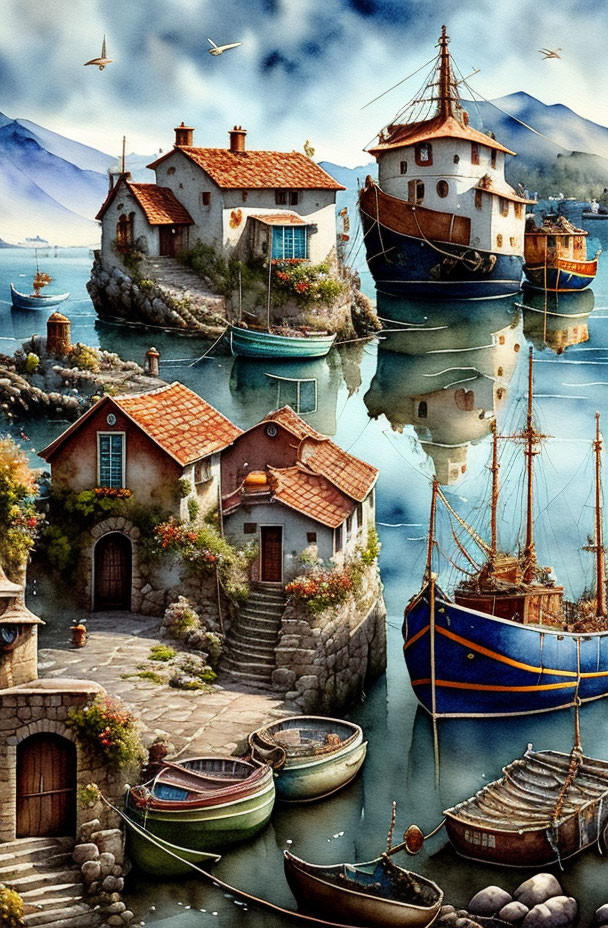 Tranquil coastal village painting with stone houses, boats, reflections, and mountains.