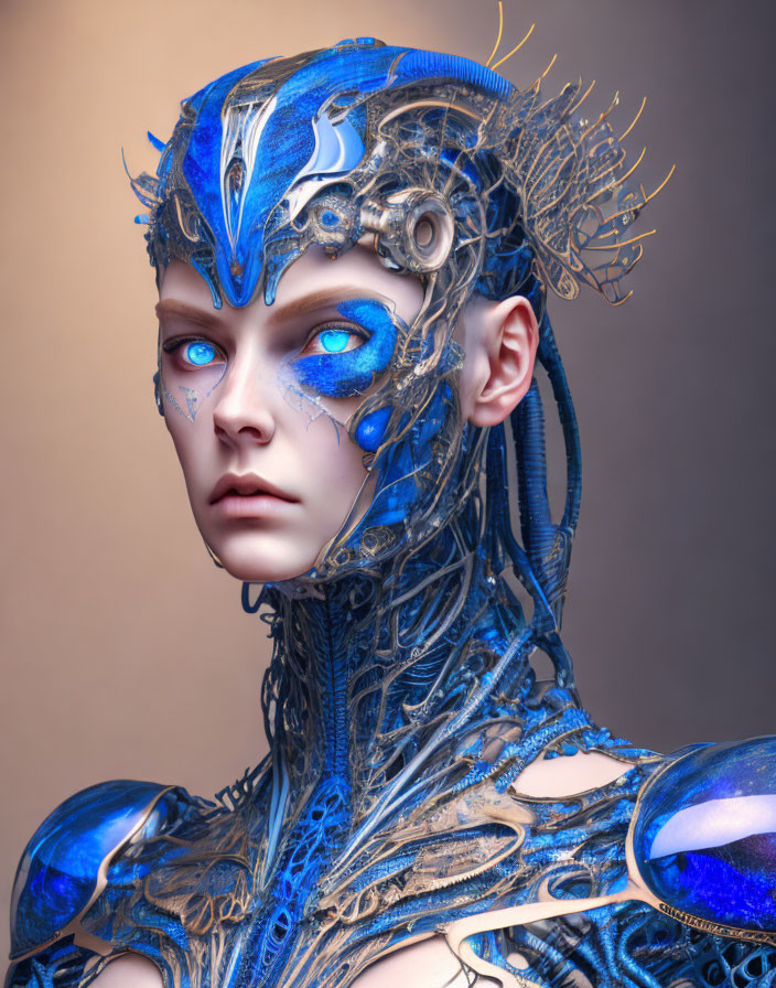 Detailed blue and silver female cyborg with intricate headgear and blue eyes on warm background