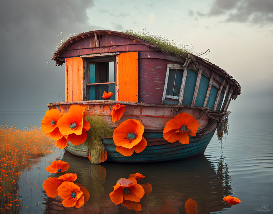 Colorful Wooden Boat with Orange Flowers Floating on Calm Waters