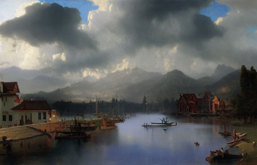 Scenic lake with boats, buildings, mountains, and dramatic sky.