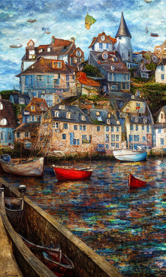 Whimsical coastal village painting with vibrant colors