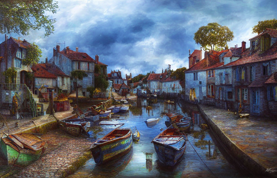 European village painting: cobblestone streets, canal with boats, overcast skies