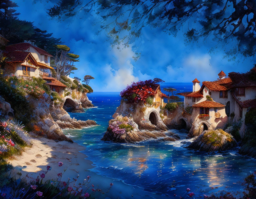 Tranquil coastal village at dusk with cliffside houses and blooming flowers