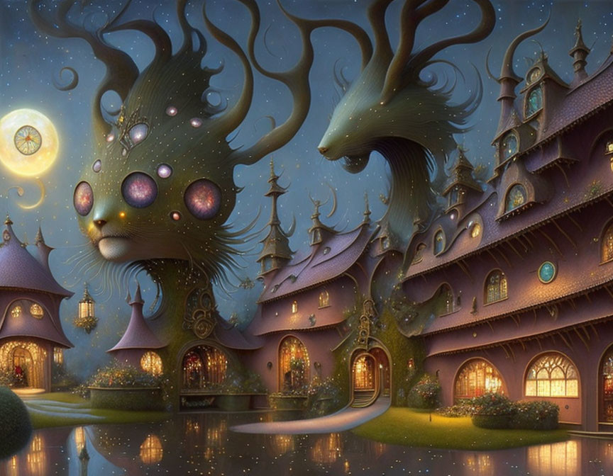 Fantasy landscape with eye-adorned trees and fairytale mansion under starry sky