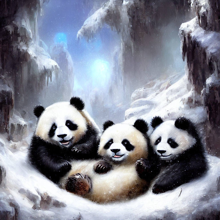 Three pandas in snowy landscape with icy cliffs and blue glow