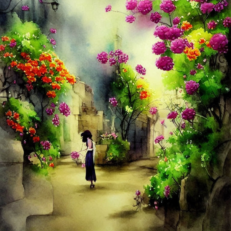 Person in Dark Outfit Walking Down Flower-Lined Path with Colorful Buildings