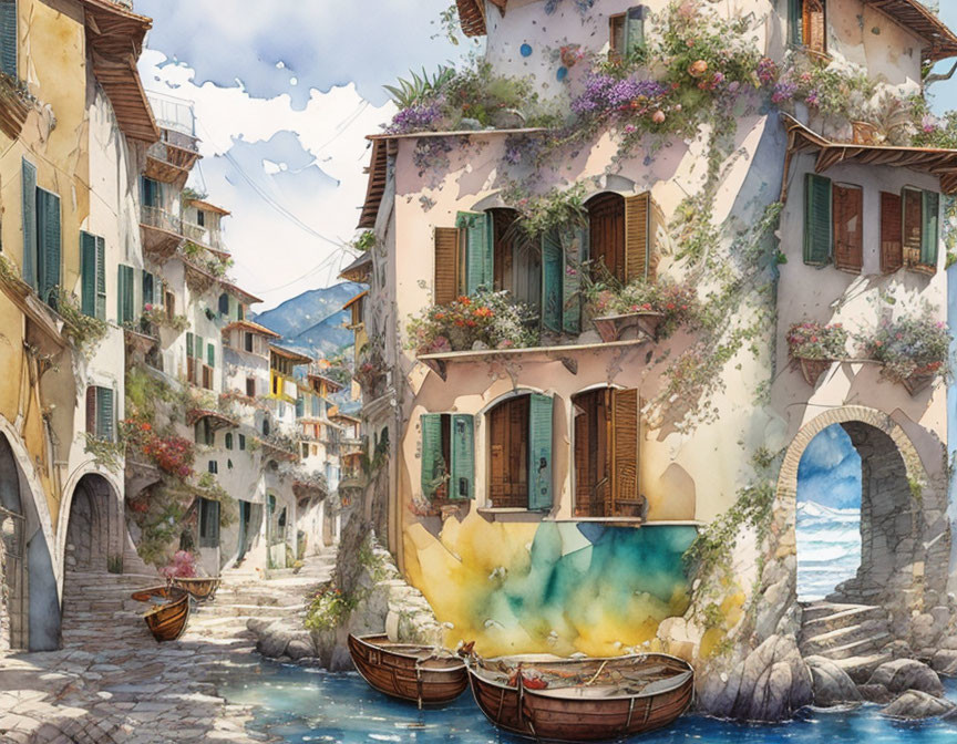 Colorful watercolor painting of a coastal village with stone houses, flowers, archways, and boats