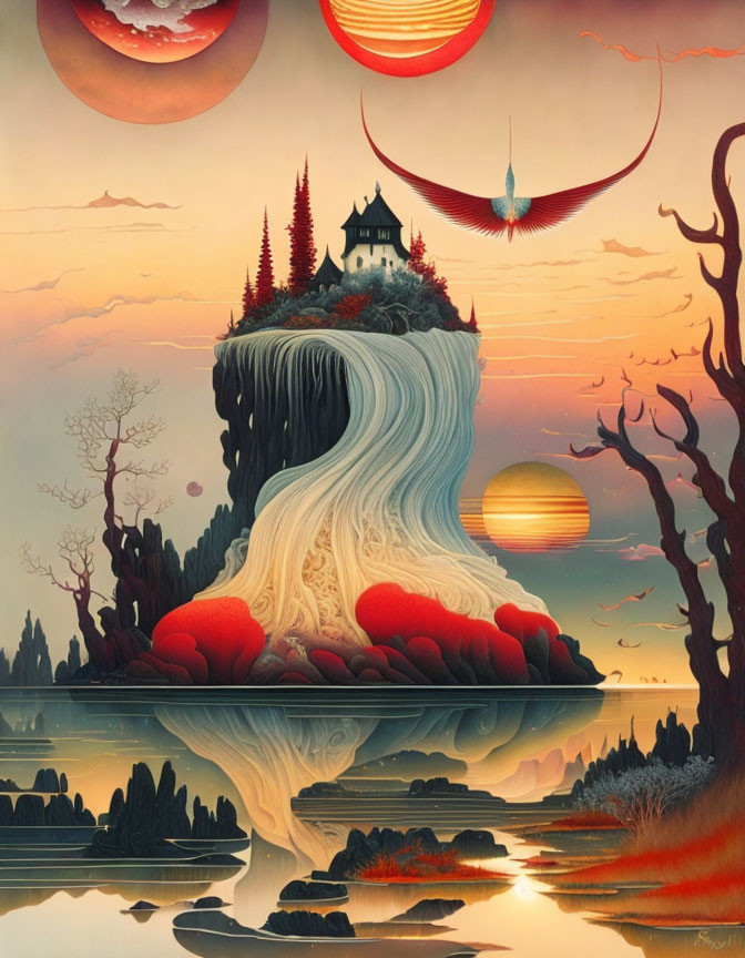 Surreal landscape with castle on waterfall island, moons, birds, calm waters