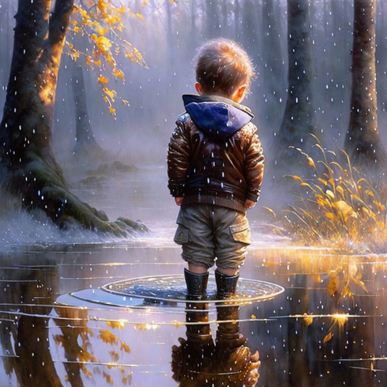 Child in brown jacket and boots standing in puddle gazes at misty forest with falling leaves and