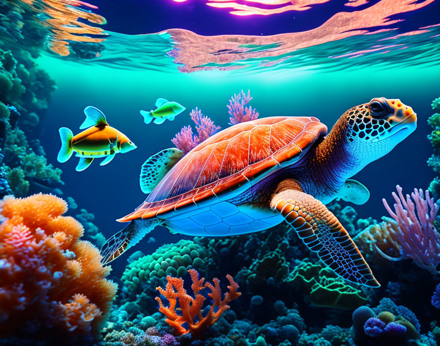 Colorful Underwater Scene with Sea Turtle and Tropical Fish