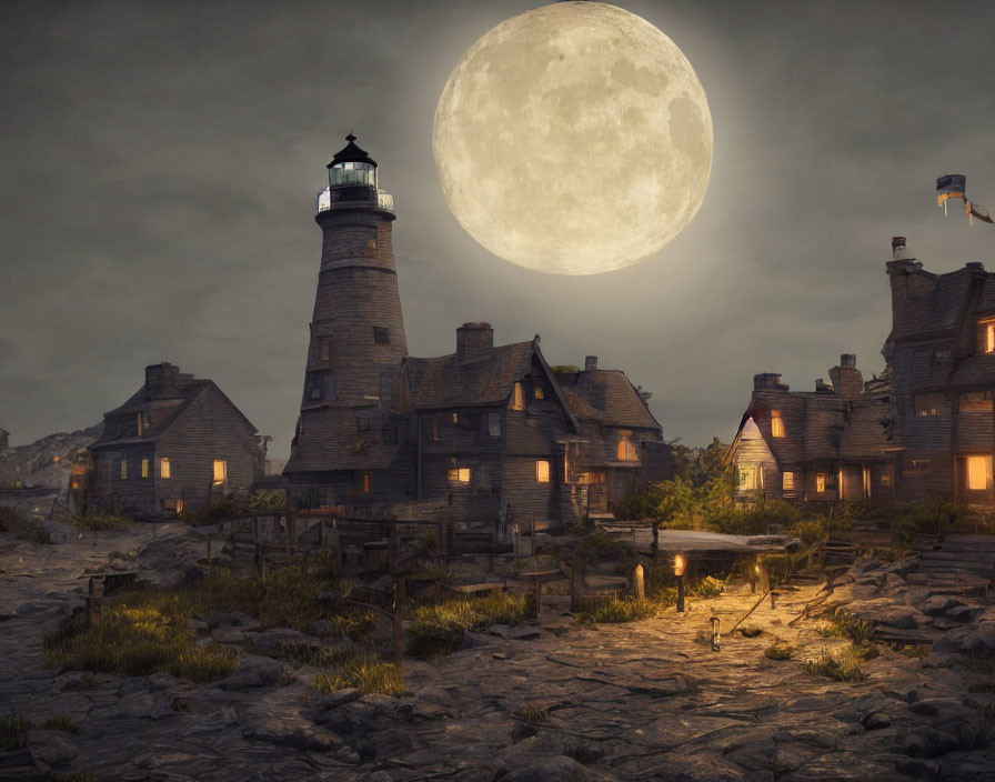 Scenic village with lighthouse and full moon at dusk