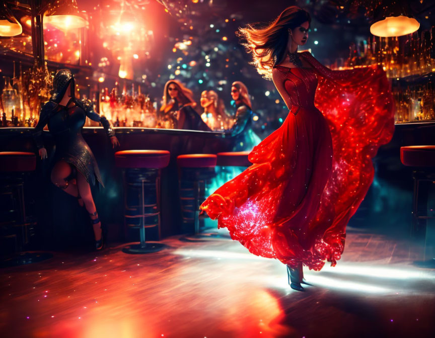 Woman twirls in red dress in vibrant bar with warm lighting.