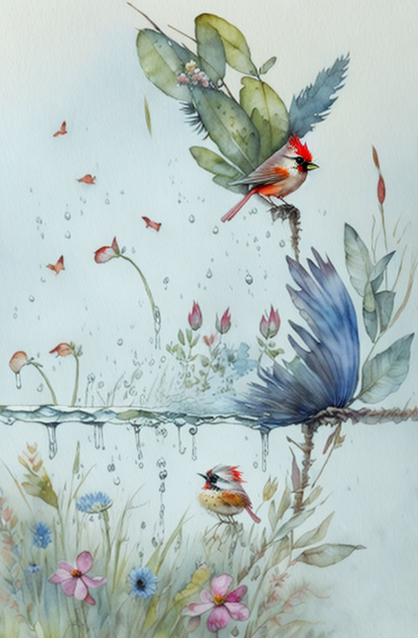 Whimsical watercolor painting of birds with plant-like tails in nature and fantasy blend