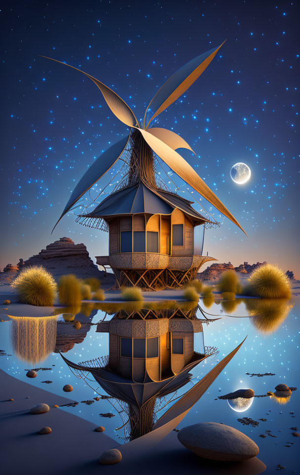 Whimsical multi-story structure with wing-like extensions reflected on tranquil water under starry sky with full