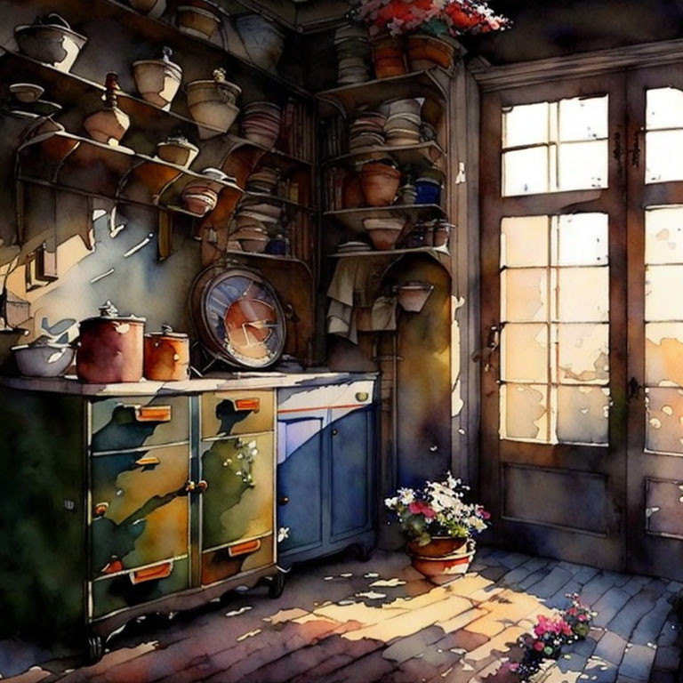 Sunlit kitchen corner with old-fashioned stove and colorful flowers