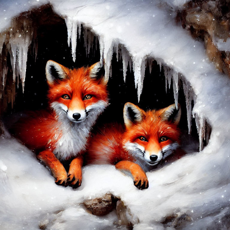 Red Foxes Nestled in Snowy Den with Icicles