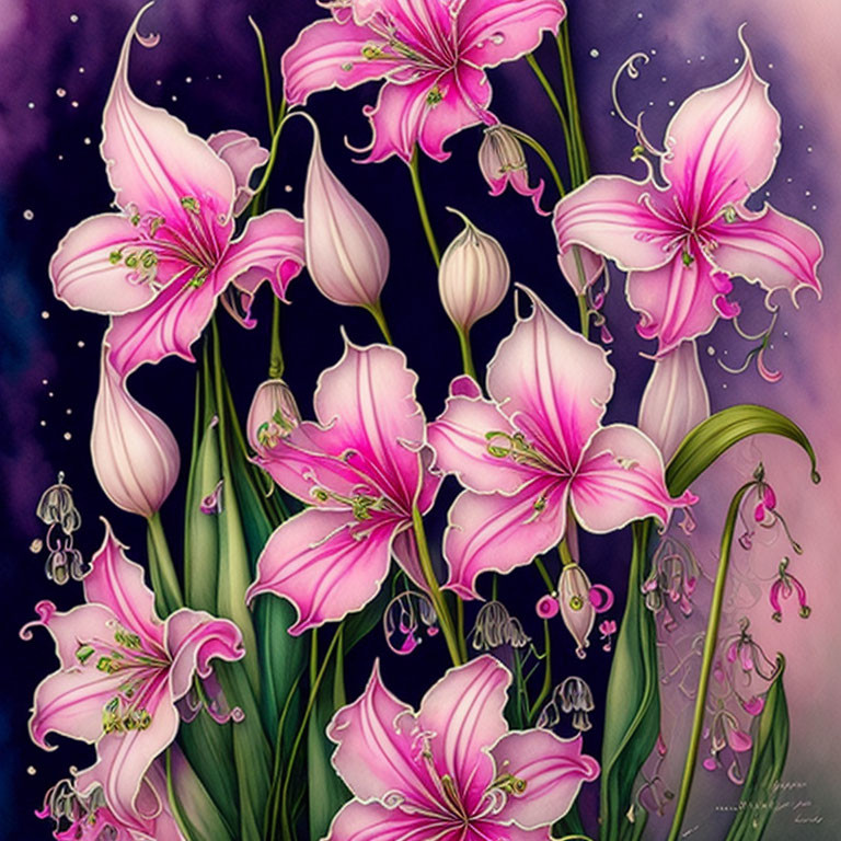 Detailed pink lilies on purple and black background