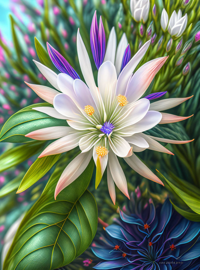 Colorful Fantasy Flower Illustration with Detailed Petals and Botanical Background